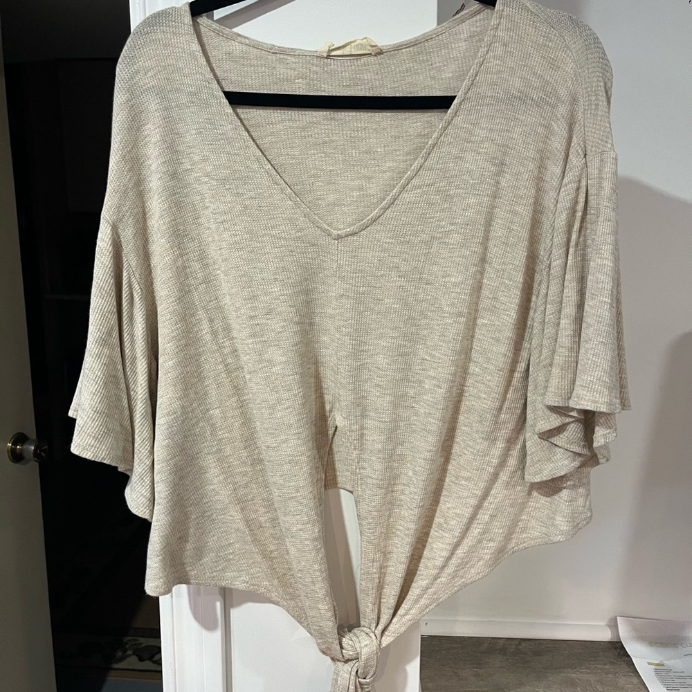 Beige V-Neck Tie-Front Top